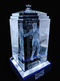 Matt Smith of Doctor Who laser-engraved in a crystal TARDIS replica on an LED-lit base