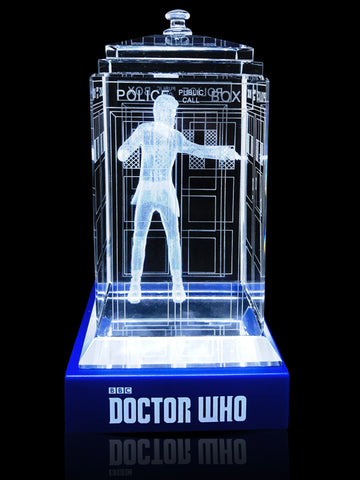 Matt Smith of Doctor Who laser-engraved in a crystal TARDIS replica on an LED-lit base