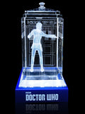 Matt Smith of Doctor Who laser-engraved in a crystal TARDIS replica on an LED-lit base