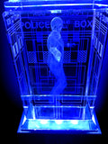 Matt Smith of Doctor Who laser-engraved in a crystal TARDIS replica on an LED-lit base