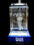 David Tennant of Doctor Who laser-engraved in a crystal TARDIS replica on an LED-lit base