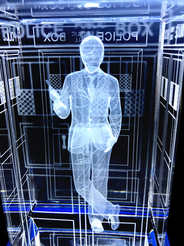David Tennant of Doctor Who laser-engraved in a crystal TARDIS replica on an LED-lit base