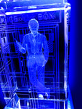 David Tennant of Doctor Who laser-engraved in a crystal TARDIS replica on an LED-lit base