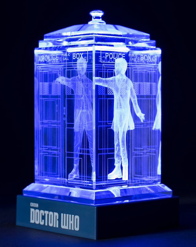 Peter Capaldi of Doctor Who laser-engraved in a crystal TARDIS replica on an LED-lit base