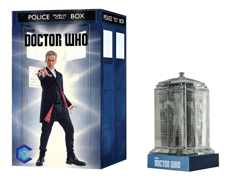 Peter Capaldi of Doctor Who laser-engraved in a crystal TARDIS replica on an LED-lit base