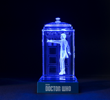 Peter Capaldi of Doctor Who laser-engraved in a crystal TARDIS replica on an LED-lit base