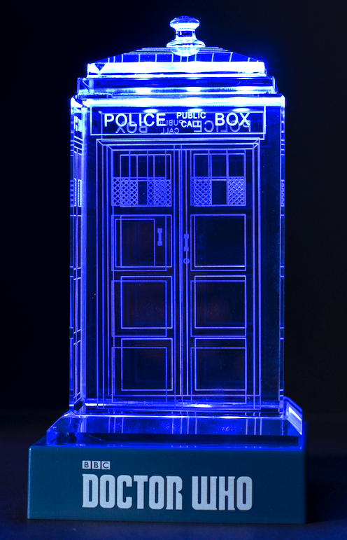 Doctor Who classic crystal TARDIS replica on an LED-lit base