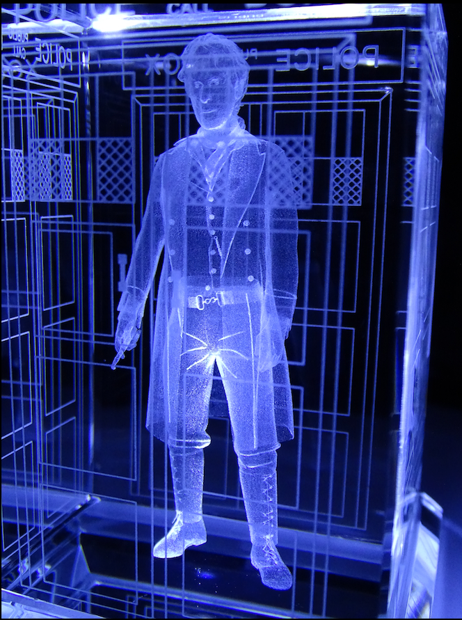 Paul McGann of Doctor Who laser-engraved in a crystal TARDIS replica on an LED-lit base