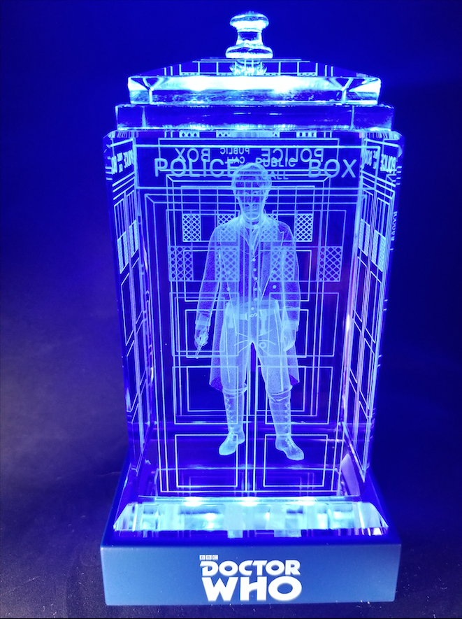 Paul McGann of Doctor Who laser-engraved in a crystal TARDIS replica on an LED-lit base