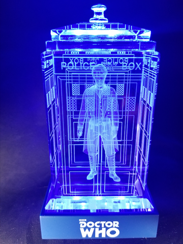 Paul McGann of Doctor Who laser-engraved in a crystal TARDIS replica on an LED-lit base