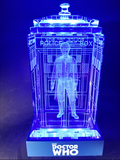Paul McGann of Doctor Who laser-engraved in a crystal TARDIS replica on an LED-lit base