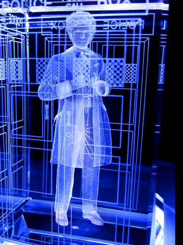 Colin Baker of Doctor Who laser-engraved in a crystal TARDIS replica on an LED-lit base