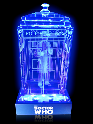 Colin Baker of Doctor Who laser-engraved in a crystal TARDIS replica on an LED-lit base