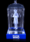 Colin Baker of Doctor Who laser-engraved in a crystal TARDIS replica on an LED-lit base