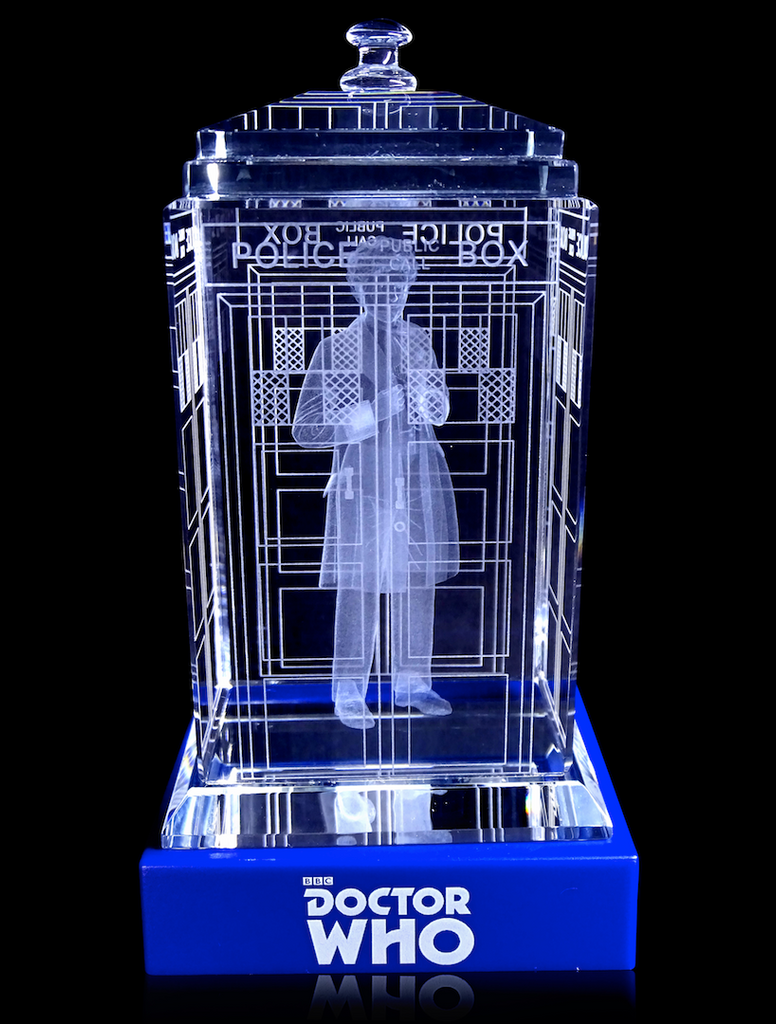 Colin Baker of Doctor Who laser-engraved in a crystal TARDIS replica on an LED-lit base