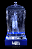 Peter Davidson of Doctor Who laser-engraved in a crystal TARDIS replica on an LED-lit base
