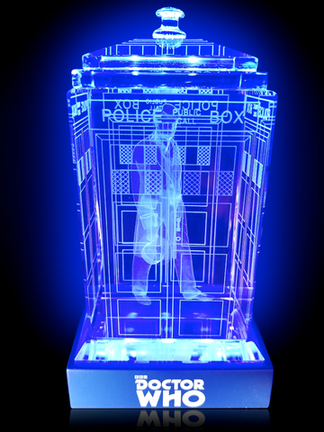 Peter Davidson of Doctor Who laser-engraved in a crystal TARDIS replica on an LED-lit base