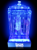 Peter Davidson of Doctor Who laser-engraved in a crystal TARDIS replica on an LED-lit base
