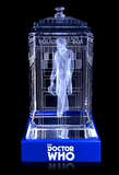 Peter Davidson of Doctor Who laser-engraved in a crystal TARDIS replica on an LED-lit base