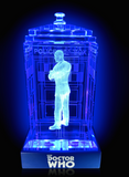 Christopher Eccleston of Doctor Who laser-engraved in a crystal TARDIS replica on an LED-lit base