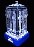 Christopher Eccleston of Doctor Who laser-engraved in a crystal TARDIS replica on an LED-lit base