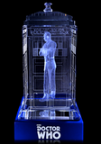 Christopher Eccleston of Doctor Who laser-engraved in a crystal TARDIS replica on an LED-lit base