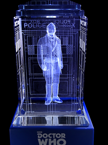 John Hurt of Doctor Who laser-engraved in a crystal TARDIS replica on an LED-lit base