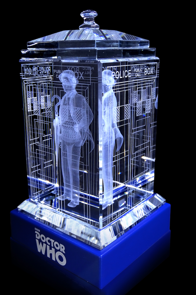 Sylvester McCoy of Doctor Who laser-engraved in a crystal TARDIS replica on an LED-lit base