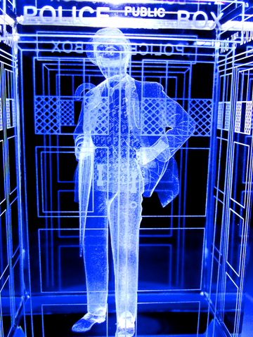 Sylvester McCoy of Doctor Who laser-engraved in a crystal TARDIS replica on an LED-lit base