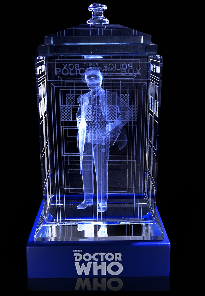 Sylvester McCoy of Doctor Who laser-engraved in a crystal TARDIS replica on an LED-lit base