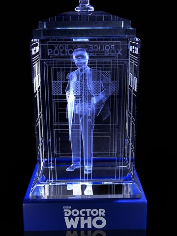 Sylvester McCoy of Doctor Who laser-engraved in a crystal TARDIS replica on an LED-lit base
