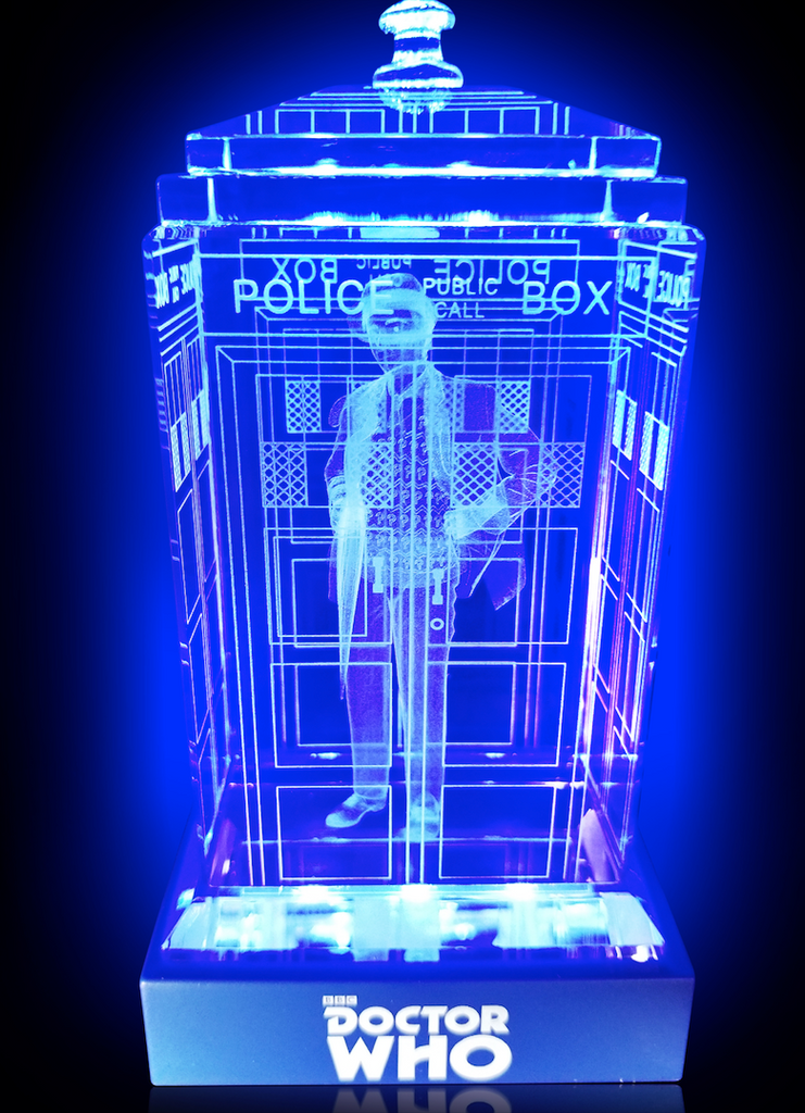 Sylvester McCoy of Doctor Who laser-engraved in a crystal TARDIS replica on an LED-lit base