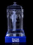 Sylvester McCoy of Doctor Who laser-engraved in a crystal TARDIS replica on an LED-lit base