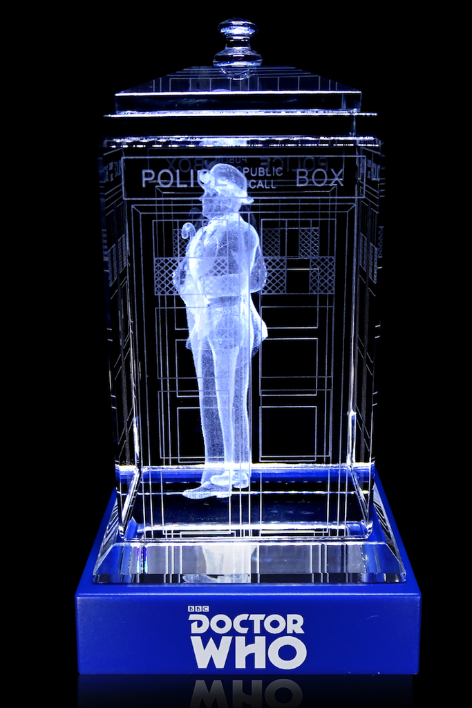 Sylvester McCoy of Doctor Who laser-engraved in a crystal TARDIS replica on an LED-lit base