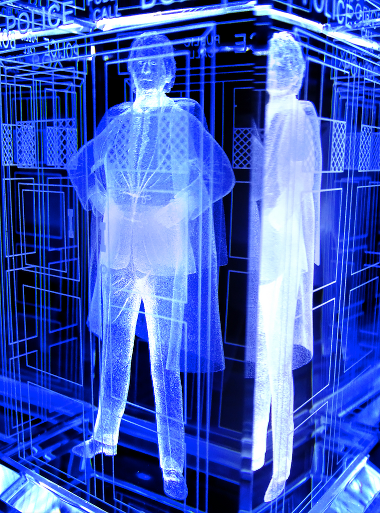 Jon Pertwee of Doctor Who laser-engraved in a crystal TARDIS replica on an LED-lit base