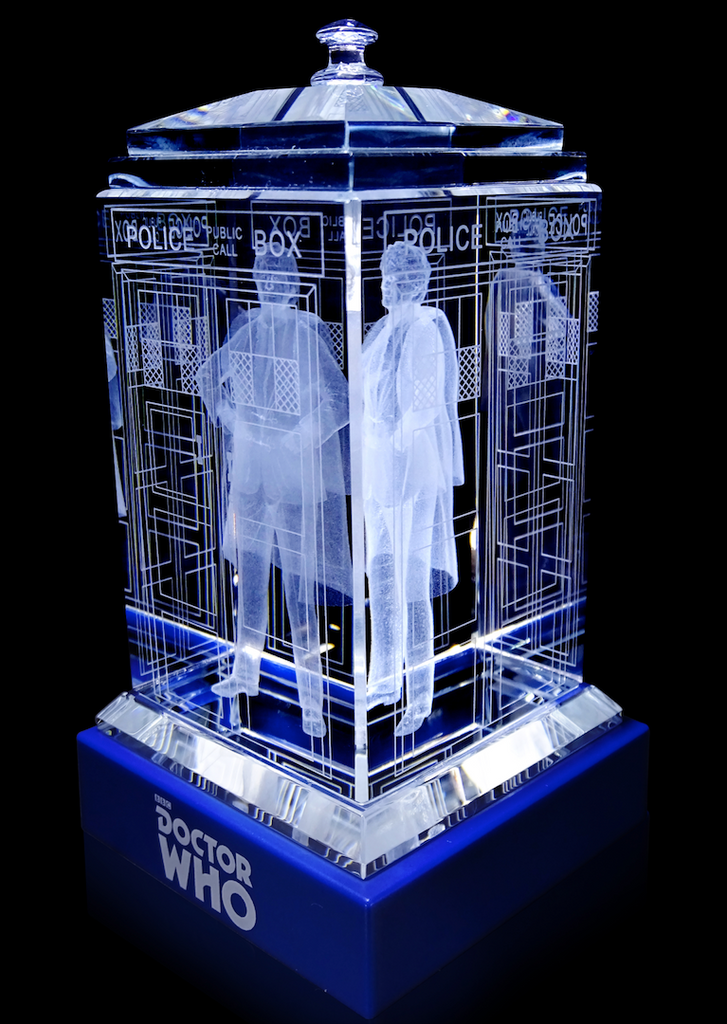 Jon Pertwee of Doctor Who laser-engraved in a crystal TARDIS replica on an LED-lit base