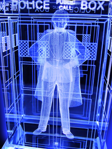 Jon Pertwee of Doctor Who laser-engraved in a crystal TARDIS replica on an LED-lit base