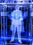Jon Pertwee of Doctor Who laser-engraved in a crystal TARDIS replica on an LED-lit base