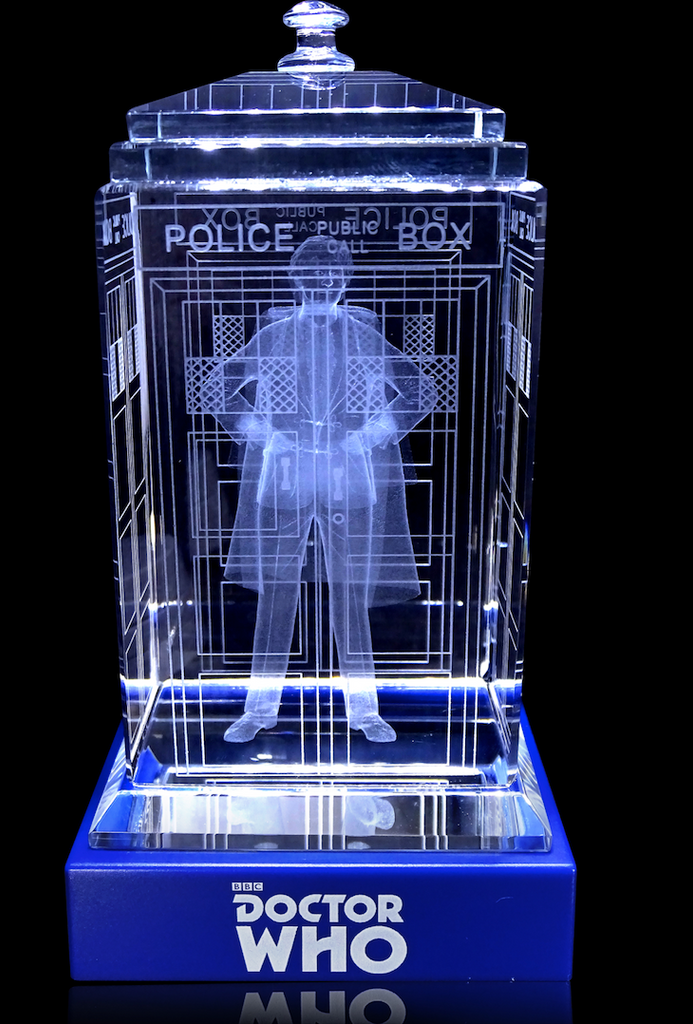 Jon Pertwee of Doctor Who laser-engraved in a crystal TARDIS replica on an LED-lit base