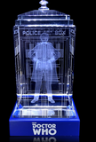 Jon Pertwee of Doctor Who laser-engraved in a crystal TARDIS replica on an LED-lit base
