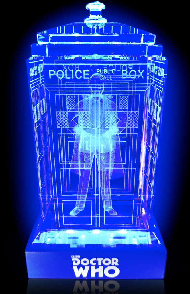 Jon Pertwee of Doctor Who laser-engraved in a crystal TARDIS replica on an LED-lit base