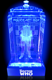 Jon Pertwee of Doctor Who laser-engraved in a crystal TARDIS replica on an LED-lit base