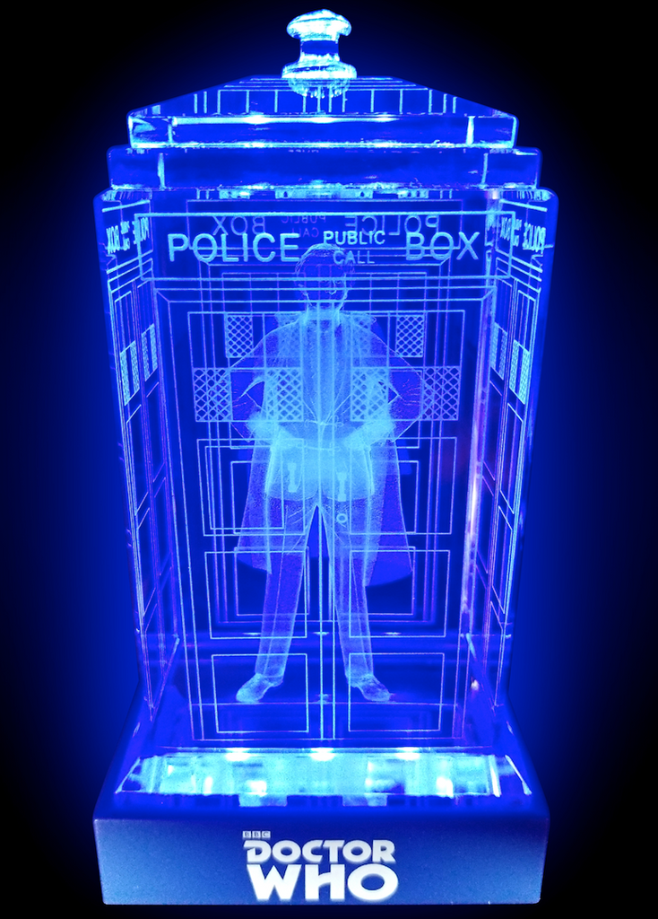 Jon Pertwee of Doctor Who laser-engraved in a crystal TARDIS replica on an LED-lit base