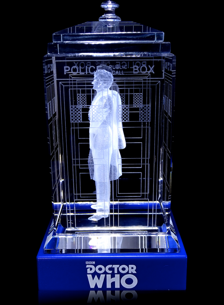 Jon Pertwee of Doctor Who laser-engraved in a crystal TARDIS replica on an LED-lit base