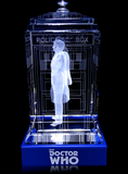 Jon Pertwee of Doctor Who laser-engraved in a crystal TARDIS replica on an LED-lit base
