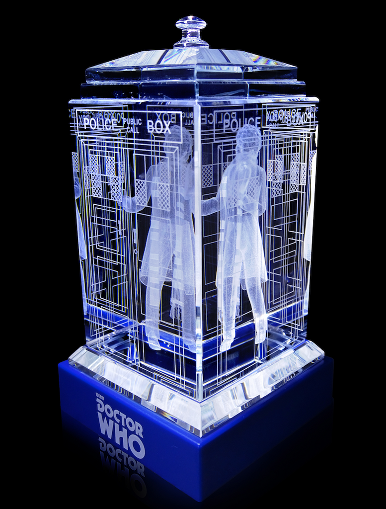 Tom Baker of Doctor Who laser-engraved in a crystal TARDIS replica on an LED-lit base