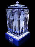 Tom Baker of Doctor Who laser-engraved in a crystal TARDIS replica on an LED-lit base