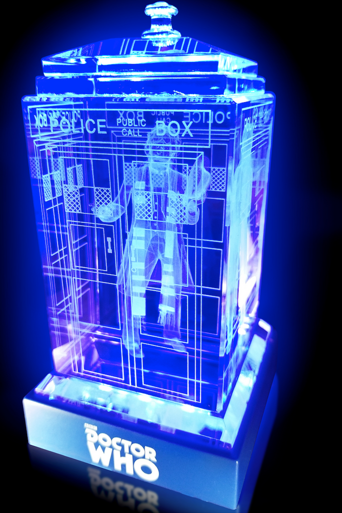 Tom Baker of Doctor Who laser-engraved in a crystal TARDIS replica on an LED-lit base