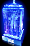 Tom Baker of Doctor Who laser-engraved in a crystal TARDIS replica on an LED-lit base