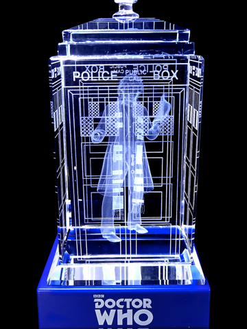 Tom Baker of Doctor Who laser-engraved in a crystal TARDIS replica on an LED-lit base